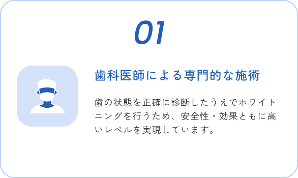 01 歯科医師による専門的な施術 歯の状態を正確に診断したうえでホワイトニングを行うため、安全性・効果ともに高いレベルを実現しています。
